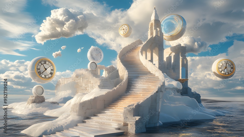 Surreal dreamscape featuring floating staircases and melting clocks ...