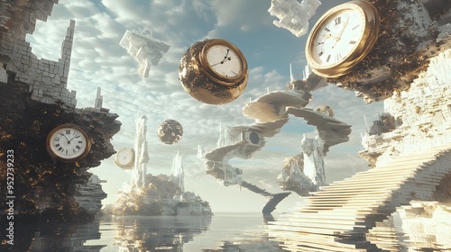 Surreal dreamscape featuring floating staircases and melting clocks Abstract with impossible architecture surreal tones 3D-rendered structures