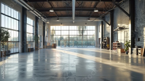 Fototapeta Naklejka Na Ścianę i Meble -  Modern industrial warehouse interior with large windows and ample space for inventory