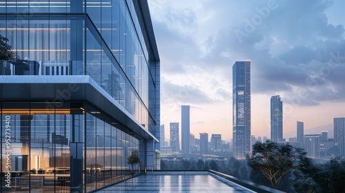 Modern office building exterior with glass windows and urban skyline in the background