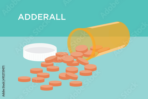 Flat-style vector stock illustration of orange or peach colored 20 mg Adderall oval-shaped tablets with an orange prescription bottle