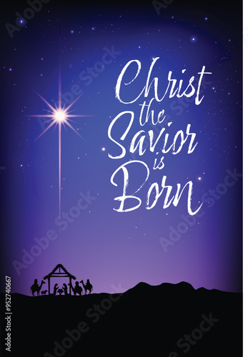 Christ the Savior is Born handwritten calligraphy type religious saying vector illustration with night sky, north star, and manger with baby Jesus Christ, Merry Christmas stock illustration