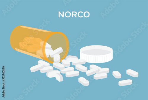 Vector Norco narcotic pain medicine tablets falling out of a prescription bottle stock illustration
