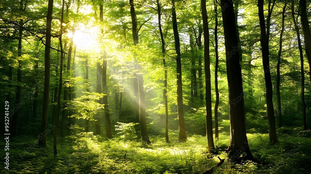 Obraz premium A serene forest scene with sunlight filtering through the leaves, highlighting the rich green foliage