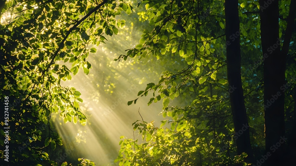 Fototapeta premium A serene forest scene with sunlight filtering through the leaves, highlighting the rich green foliage