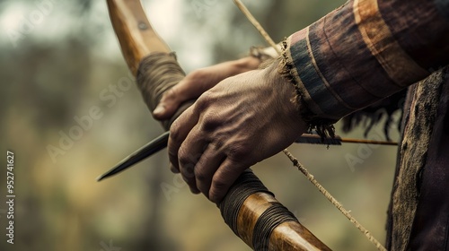 A close-up of a hunter's hands gripping a traditional bow, with a focus on the intricate details of the equipment against a blurred natural backdrop