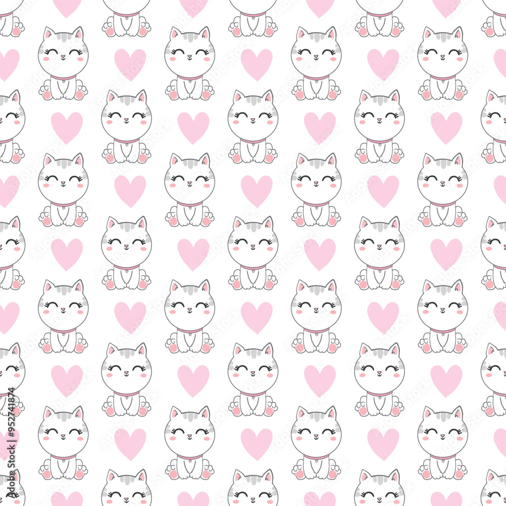 Obraz premium Cute kawaii little cat. Seamless pattern. Cartoon funny kitty, animals character. Hand drawn style. Vector drawing. Design ornaments. 