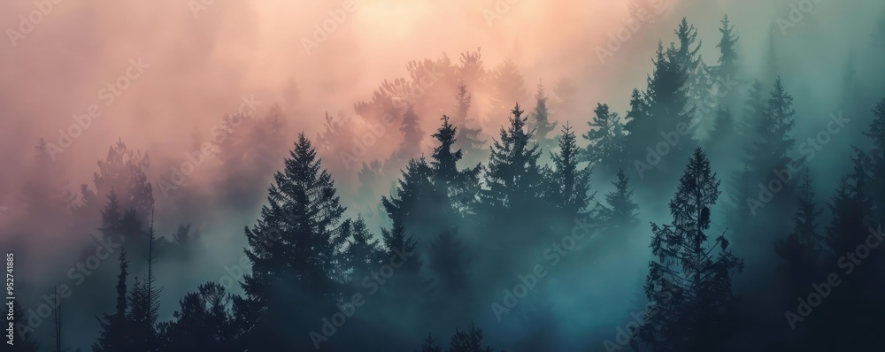 Fototapeta premium Mystical fog enveloping a serene forest at dawn, creating a captivating and tranquil landscape scene perfect for nature-inspired designs.