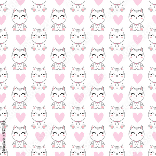 Cute kawaii little cat. Seamless pattern. Cartoon funny kitty, animals character. Hand drawn style. Vector drawing. Design ornaments.
