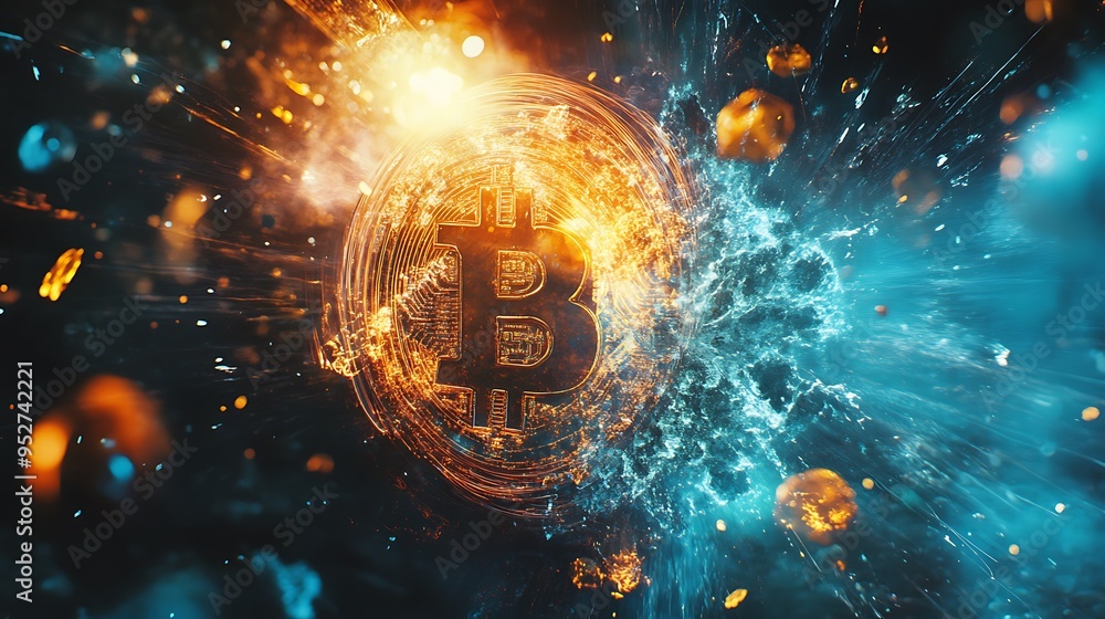 Bitcoin Symbol Surrounded by Bright Orange and Blue Light Bitcoin Symbol Surrounded by Bright Orange and Blue Light