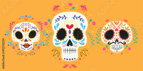 Vector hand drawn illustration of Mexican holiday "Day of the Dead". The postcard with lettering "Dia de Muertos"