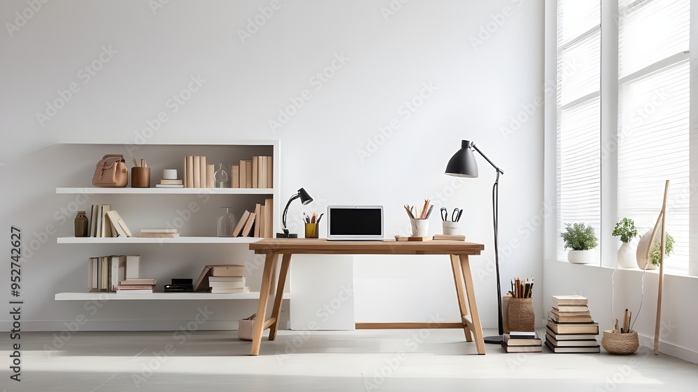 Workspace: copy area for text or product display; office table; vacant desk with books and supplies leaning against the white wall; Workspace: copy area for text or product display; office table; vacant desk with books and supplies leaning against the white wall;