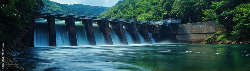 Panoramic view of a dam surrounded by lush greenery, flowing water, and scenic landscape in the background under a blue sky. Panoramic view of a dam surrounded by lush greenery, flowing water, and scenic landscape in the background under a blue sky.