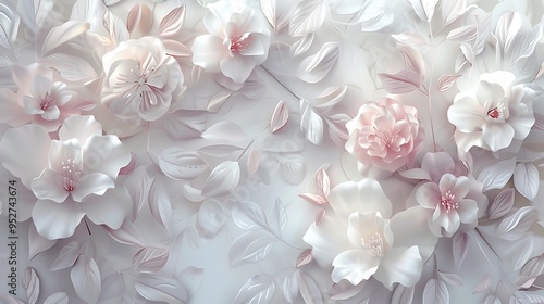 Soft and romantic abstract flower background with white and pink floral leaves on 3D wall texture, delicate and intricate design