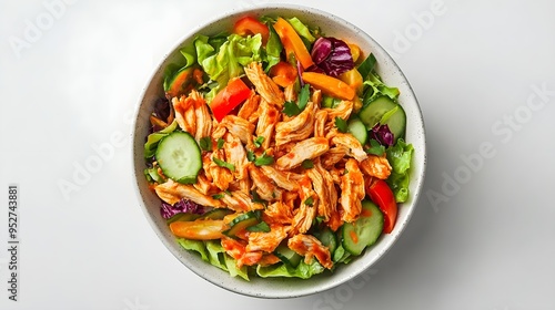 A vibrant bowl of buffalo chicken salad featuring shredded chicken, crisp lettuce, and colorful vegetables, beautifully arranged on a light solid color background