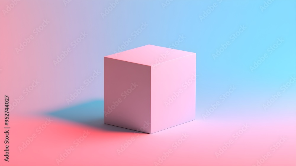 Fototapeta premium A clean and minimalist cube placed in the center of a soft pastel background, casting a subtle shadow that enhances its three-dimensional effect.
