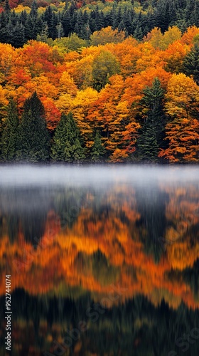 Autumn foliage reflected in a still lake, with mist above the water.