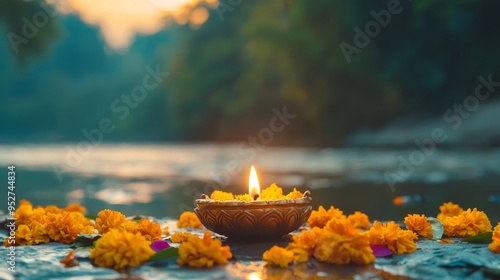 Diya Surrounded by Marigolds at Riverside During Puja photo