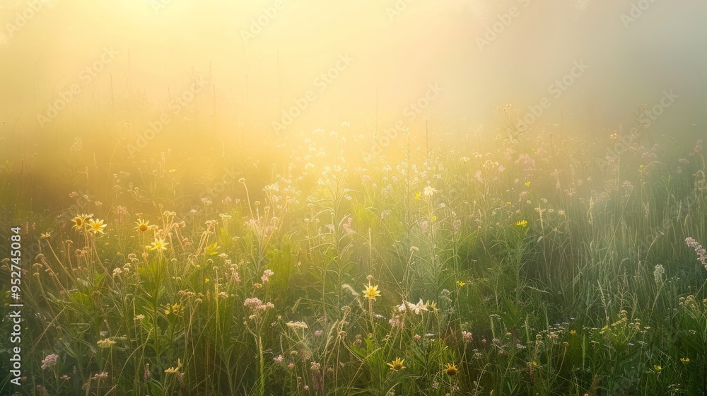 Soft sunlight breaking through misty fog in a meadow Soft sunlight breaking through misty fog in a meadow