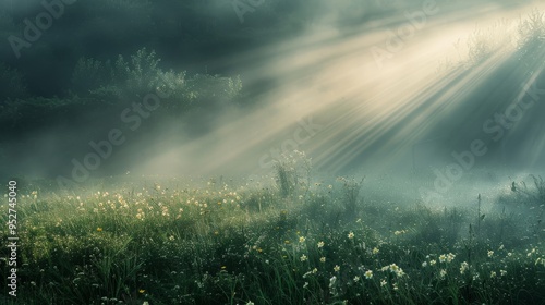 Soft sunlight breaking through misty fog in a meadow