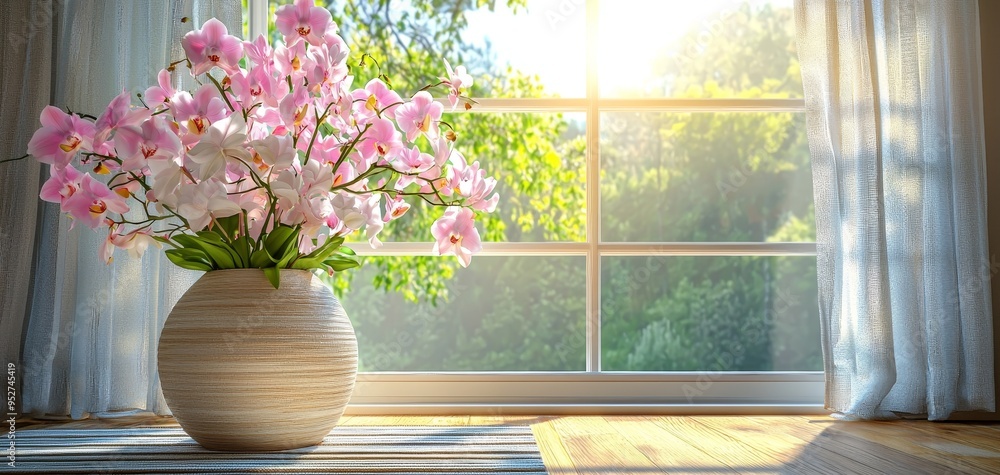 Sunlight Bathes Pink Orchids in Vase by Window Sheer Curtains Wood Floor Tatami Sunlight Bathes Pink Orchids in Vase by Window Sheer Curtains Wood Floor Tatami