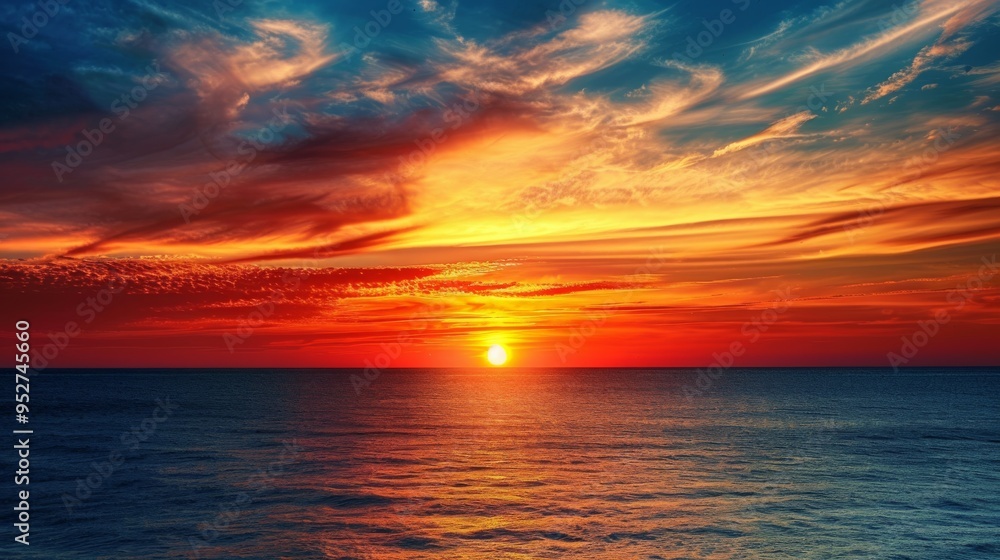 Spectacular sunset over the ocean, rich colors filling the sky, serene and peaceful Spectacular sunset over the ocean, rich colors filling the sky, serene and peaceful