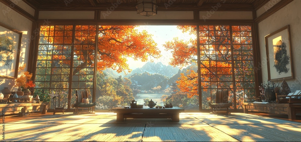 Autumnal Tranquility Interior View of Japanese Tea Room with Golden Sunlight Filtering Through Lattice Windows and a Mountainous Landscape Beyond Tatami Autumnal Tranquility Interior View of Japanese Tea Room with Golden Sunlight Filtering Through Lattice Windows and a Mountainous Landscape Beyond Tatami