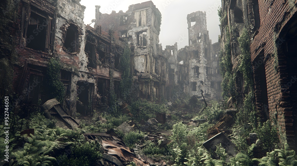 Fototapeta premium Abandoned cityscape overrun by overgrown vegetation and crumbling buildings Post-apocalyptic gritty worn with muted desaturated colors and heavy textures detailed 3D ruins