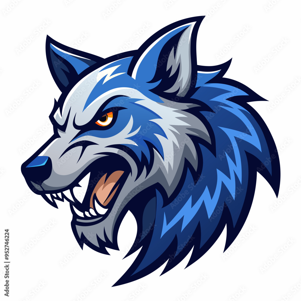 Angry Wolf Head in Manga Style, Blue Shades, Left View Angry Wolf Head in Manga Style, Blue Shades, Left View