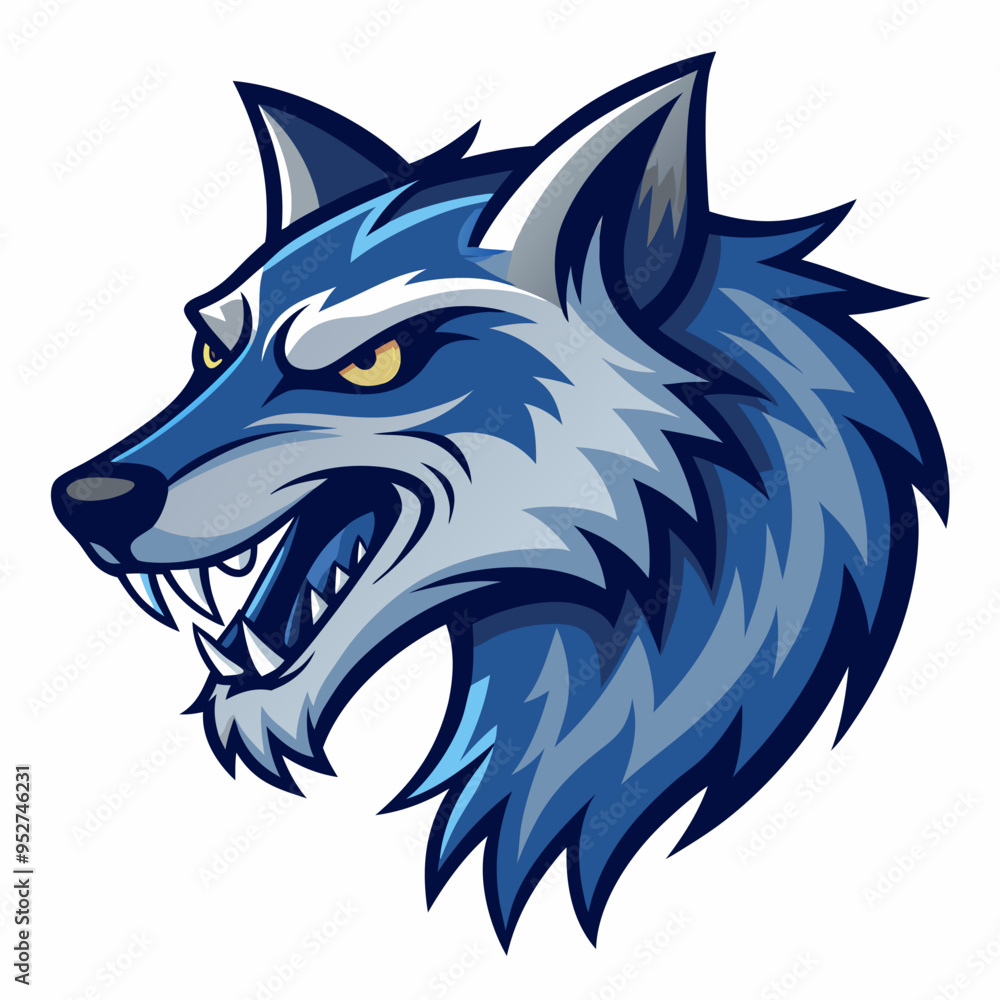 Angry Wolf Head in Manga Style, Blue Shades, Left View Angry Wolf Head in Manga Style, Blue Shades, Left View