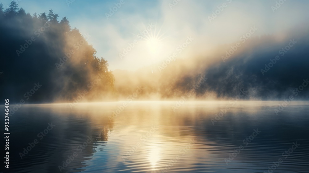 Sunlight shining through dense fog over a calm lake Sunlight shining through dense fog over a calm lake