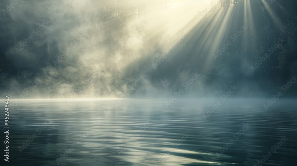 Sunlight shining through dense fog over a calm lake Sunlight shining through dense fog over a calm lake