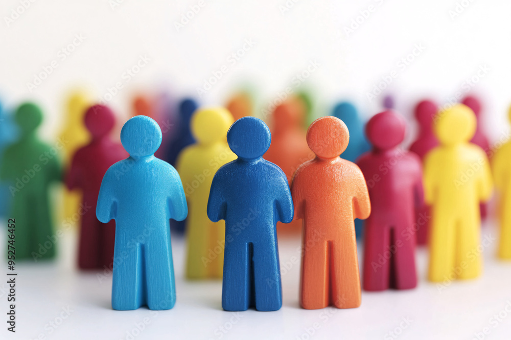 Small wooden human figures in various bright colors grouped together close-up symbolizing community and unity Small wooden human figures in various bright colors grouped together close-up symbolizing community and unity