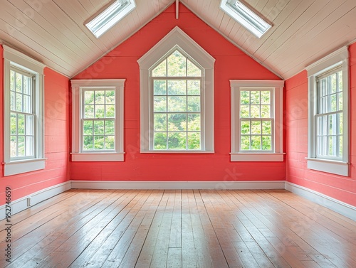 Sunlight streams through windows in a redwalled room with a wood floor a classic interior perspective Tatami photo