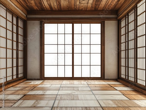 Minimalist Japanese Room with Wooden Floor Shoji Screen Windows and Natural Light Perspective Tatami