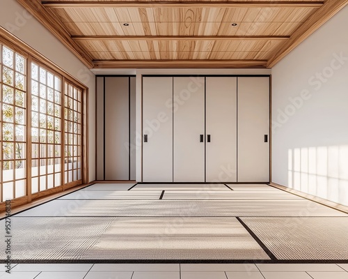 Minimalist Japanese Room Wooden Ceiling White Sliding Doors Tatami Mat Floor Low Perspective Sunlight Stream Through Window Tatami