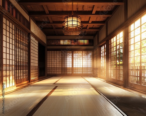 Sunlit Japanese Room Perspective Through Tatami Mat Floor Wooden Grid Windows Hanging Lantern Tatami