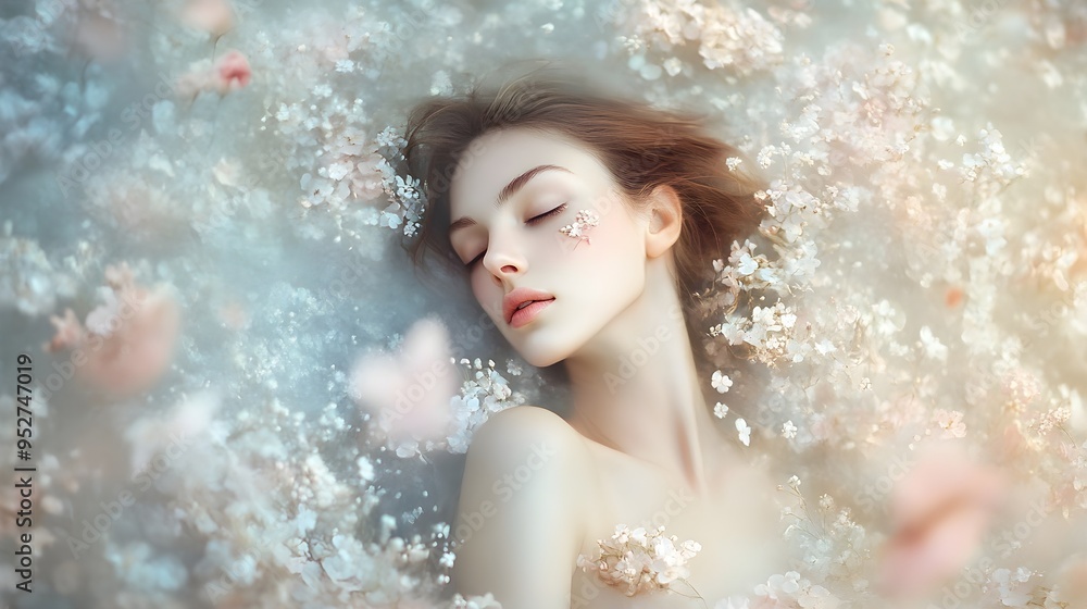 Naklejka premium A serene woman embodying the essence of Venus, surrounded by soft pastel flowers, captured in a gentle light