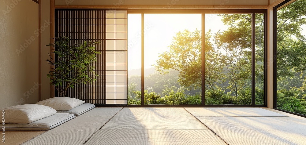 Sunlit Tatami Minimalist Japanese Room with Window View of Lush Greenery Perspective from Floor Level Tatami Sunlit Tatami Minimalist Japanese Room with Window View of Lush Greenery Perspective from Floor Level Tatami