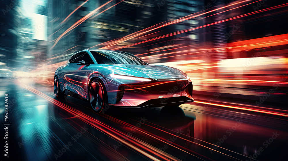 Street racing scene with sport car in neon lights. Speed lines and light trails of night urban drive. Street racing scene with sport car in neon lights. Speed lines and light trails of night urban drive.