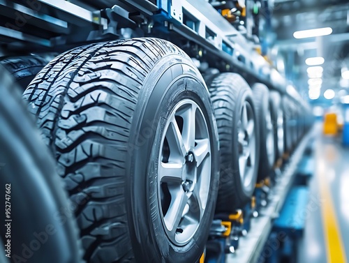 A line of tires are being manufactured in a factory 