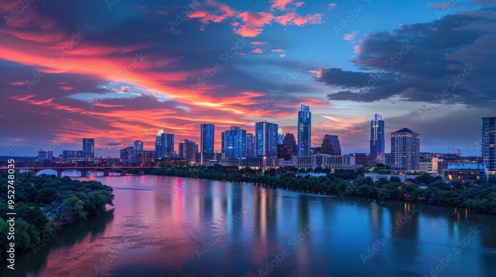 Twilight over Austin skyline with colorful clouds and buildings Twilight over Austin skyline with colorful clouds and buildings
