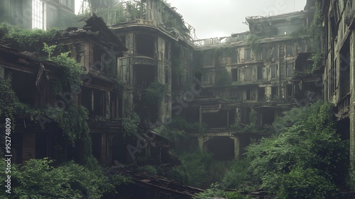 Post-apocalyptic urban ruins with lush vegetation overtaking abandoned structures Gritty and worn muted desaturated colors heavy textures detailed 3D buildings