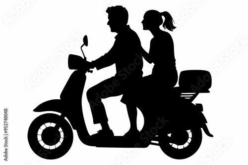 silhouette of a couple sitting on the scooter vector