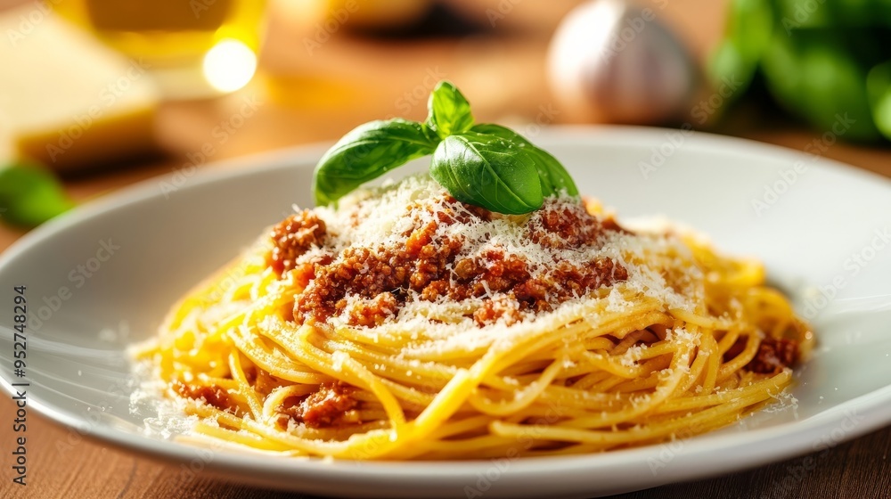 Meat and tomato spaghetti with cheese and basil Meat and tomato spaghetti with cheese and basil