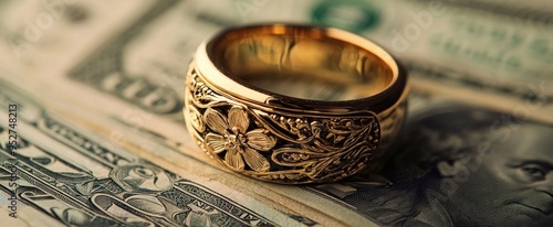 Ornate Gold Ring Resting on US Dollar Bills photo