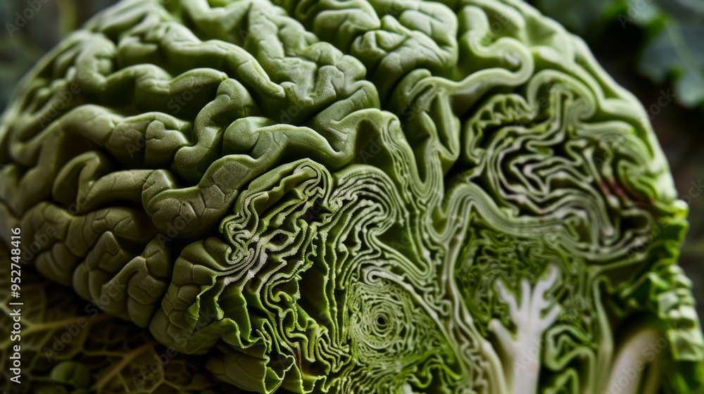 Vegetable brain made of green cabbage with intricate details Vegetable brain made of green cabbage with intricate details