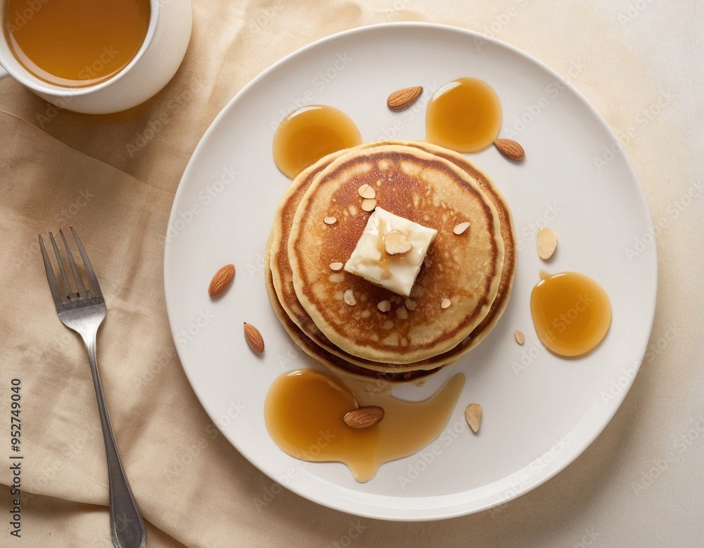 A stack of golden brown pancakes topped with butter, almonds, and a drizzle of maple syrup. A stack of golden brown pancakes topped with butter, almonds, and a drizzle of maple syrup.