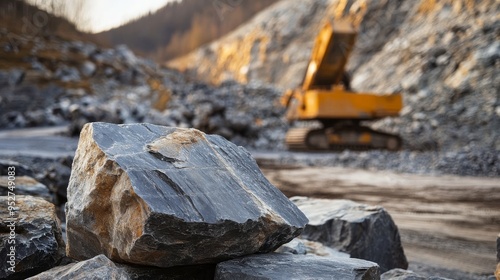 Mining square image, slate rocks, blurred hammer. photo