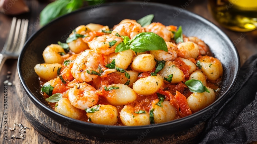 Homemade Italian gnocchi with crab and basil sauce. Homemade Italian gnocchi with crab and basil sauce.